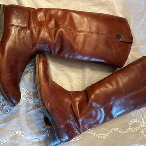 Tall Leather Frye Riding Boot in Redwood, Melissa button 2